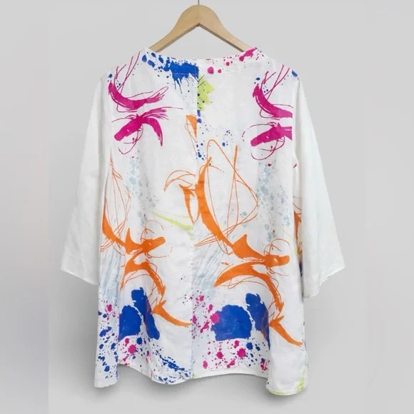 Ali Miles 100% Linen Abstract Art Print Blouse Colorful Lightweight Top 1X NWT - Picture 5 of 8